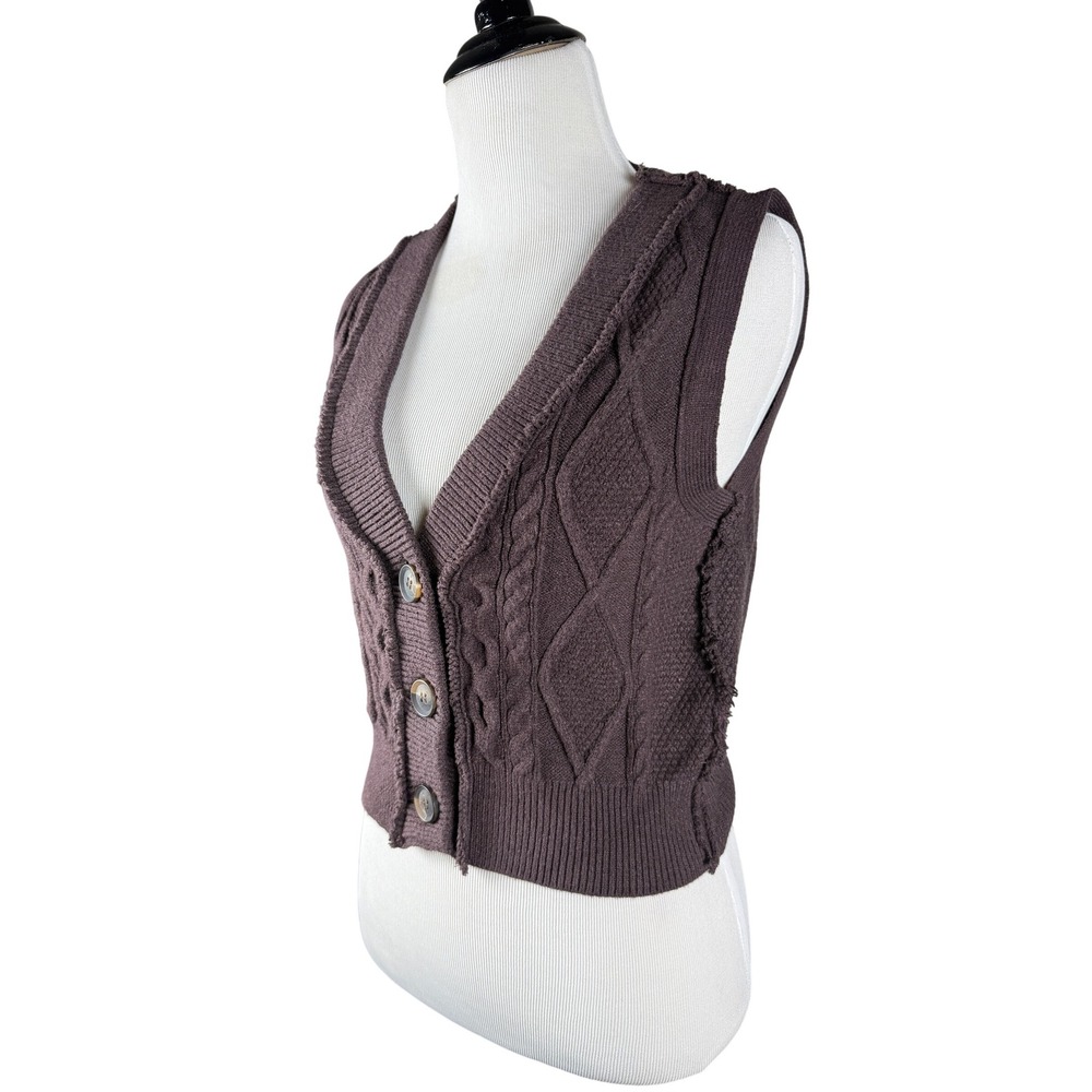 Free People Boho Brown‎ Cable Chunky Knit Cropped Button Up Sweater Vest Small - Picture 3 of 8